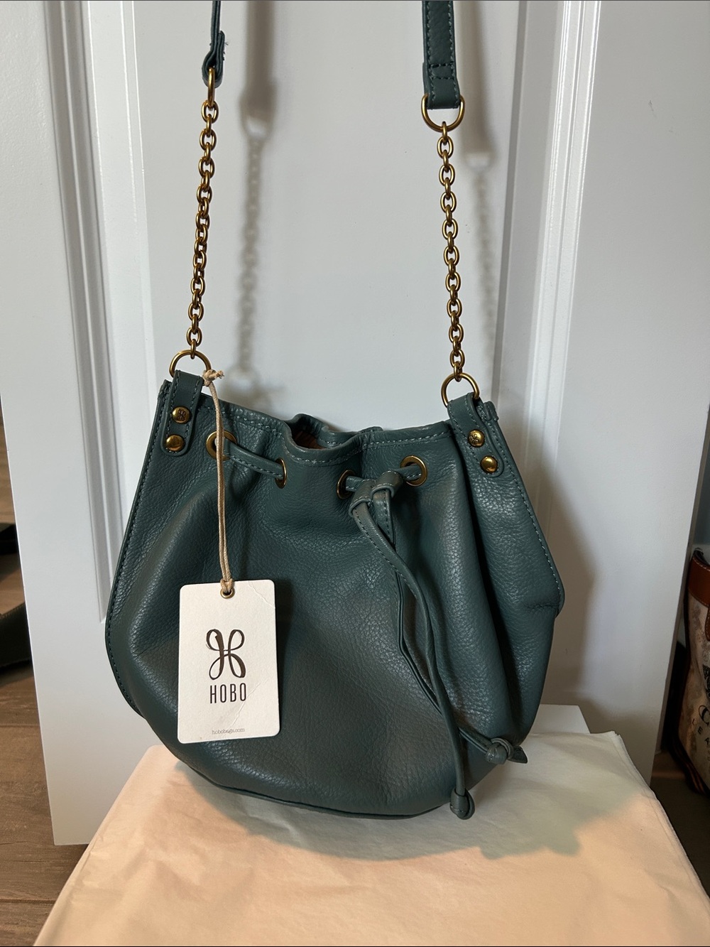 HOBO Teal Pebbled Leather Drawstring Hobo with Gold Chain Strap